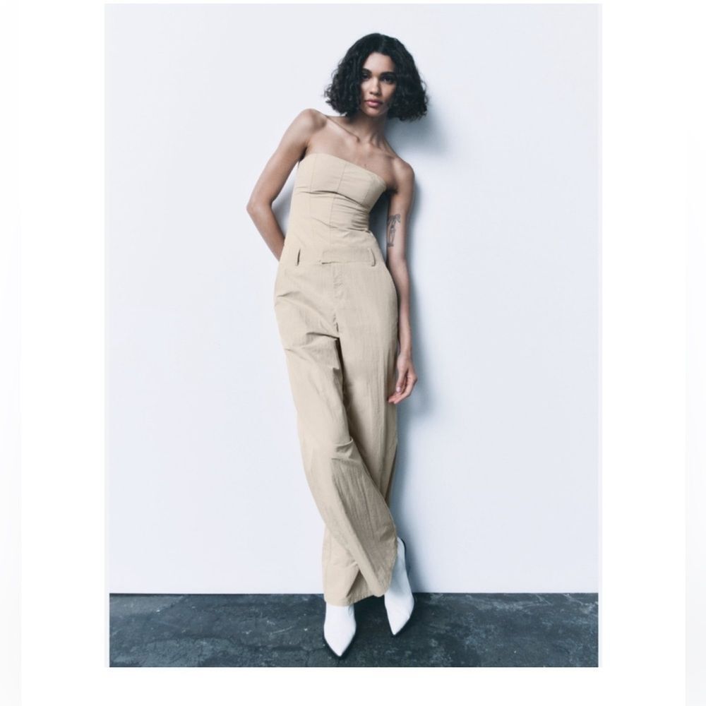 ZARA women's strapless nylon tan jumpsuit, bustier top, wide-leg silhouette XS.